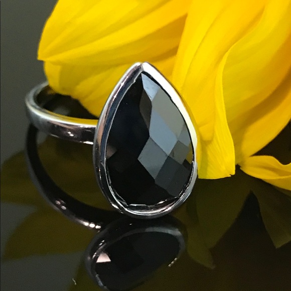 Teardrop Black CZ Sterling Silver Ring - Picture 2 of 5